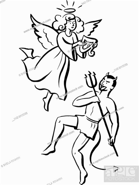 A Black And White Illustration Of Angel Vs Devil Stock Photo Picture