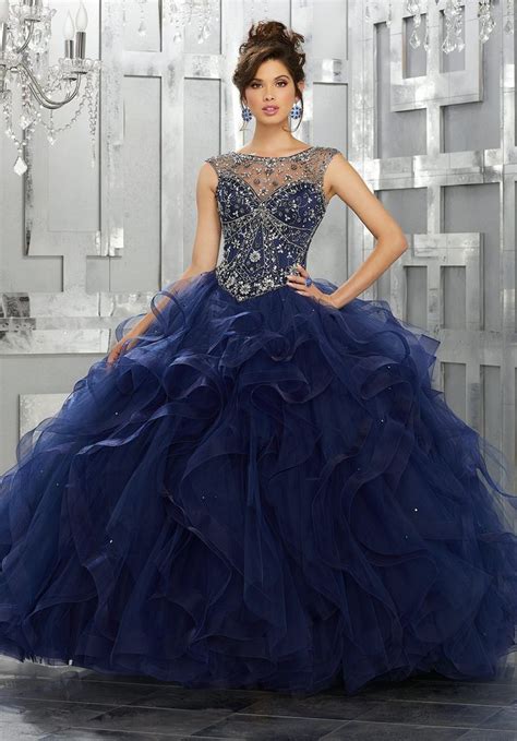 Jeweled Net Bodice On A Flounced Tulle Ball Gown Skirt Morilee Navy