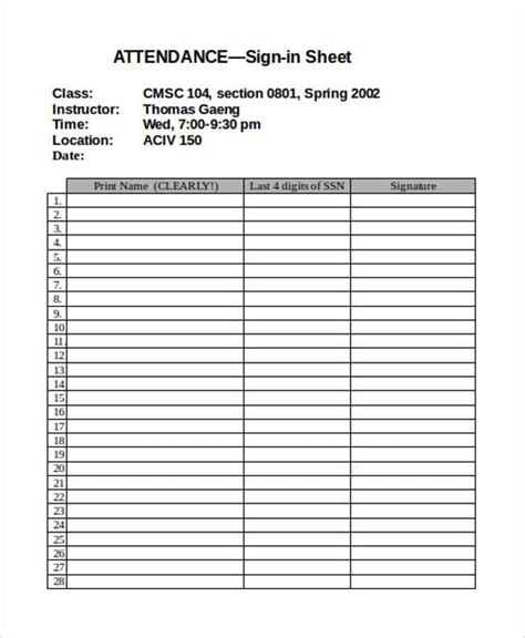 Attendance Sign Up Sheet