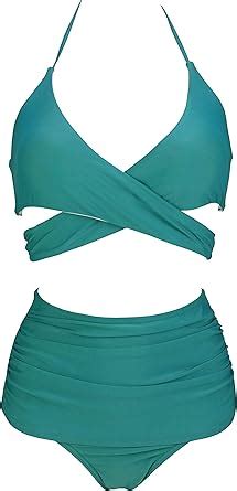 Amazon COCOSHIP Woment Ivy Blue Solids Retro Ruched High Waist Bikini Set Cross Push Up