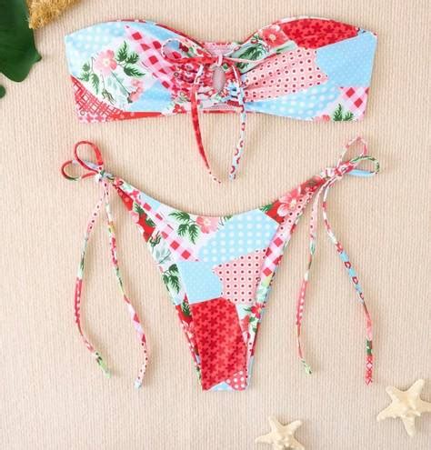 Amazon Womens Small Strawberry Shortcake Patchwork Bandeau Bikini Set Multiple 26 From Kamryn