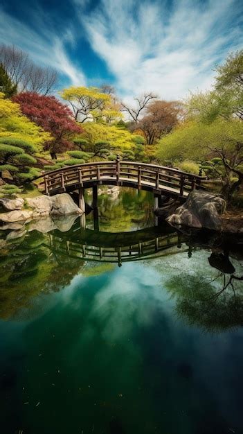 Un Puente Sobre Un Estanque Con Un Rbol Verde Al Fondo Foto Premium