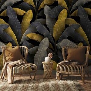 Tropical Banana Leaves Wallpaper, Peel and Stick Wallpaper, Dark Botanical, Gray Gold Big Leaves ...