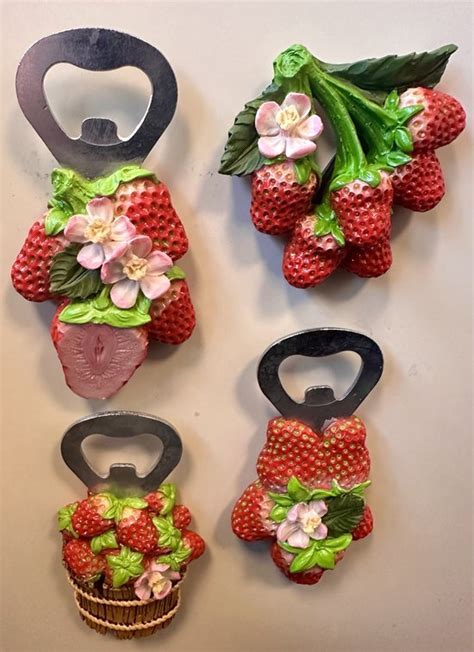 Koelkastmagneten Met Openers Aardbeien Set Van 4 Stuks Polyresin