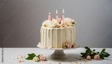 Birthday Cake With White Drip Icing Flowers And Birthday Candles