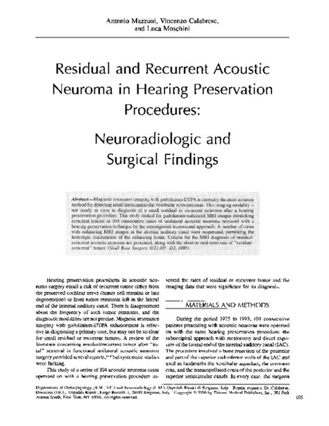 Pdf Residual And Recurrent Acoustic Neuroma In Hearing Preservation Procedures