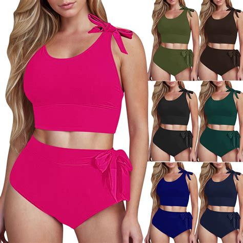 Pstuiky Two Piece Swimsuit For Women Women Solid Bandage Bikini Swimsuit Round Neck Two Piece