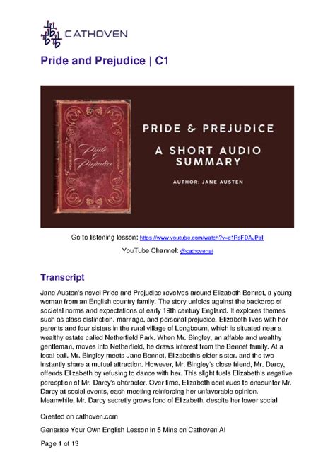 Listening Lesson Pride and Prejudice Summary C1 Advanced - Created on