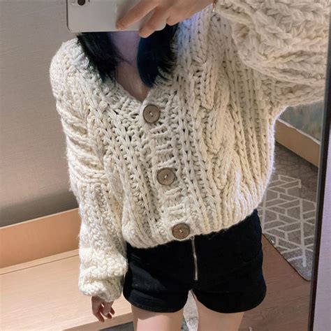 Hand Knitted Braid Chunky Cable Knit V Neck Button Crop Cardigan Sweat