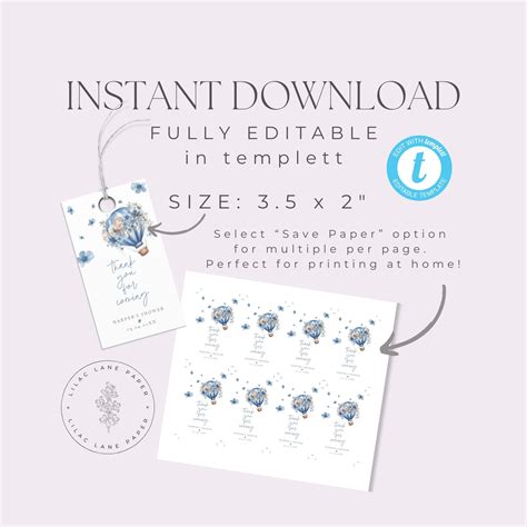 Hot Air Balloon Favor Tag Printable Editable Something Blue Bridal