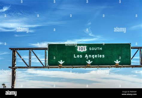 los angeles direction sign   freeway southbound california stock