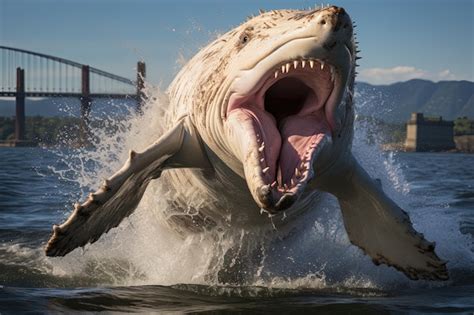 Premium AI Image | White shark whale hybrid breaching in hudson river new york city illustration ...