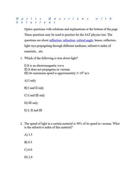 Optics Questions With Solutions Pdf