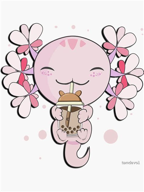 Axolotl Drinking Bubble Tea Kawaii Pink Axolotls Happy Sticker For