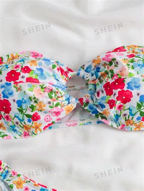 SHEIN Swim Vcay Women S Summer Beach Ditsy Floral Strapless Ring Detail Sexy Bikini Set Mommy