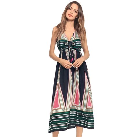 Doreenbow 1pc Women Bohemian A Line Dress Beading Summer Beach Sexy V