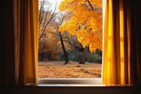 Premium AI Image | Window in room view on autumn park with fall leaves ...