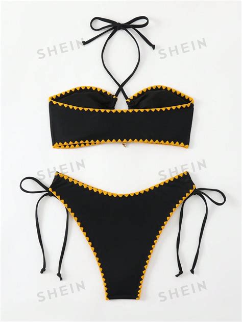 SHEIN Swim SXY Summer Beach Whip Stitch Halter Tie Side Bikini SHEIN USA