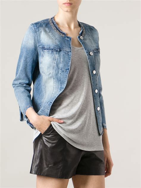 Lyst 7 For All Mankind Studded Collarless Denim Jacket In Blue