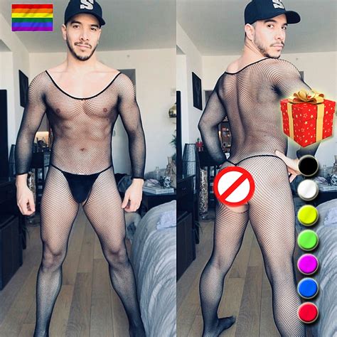 Men Fishnet Bodystocking See Through Full Body Footed Pantyhose Sexy Mesh Gay Sissy Bodysuit