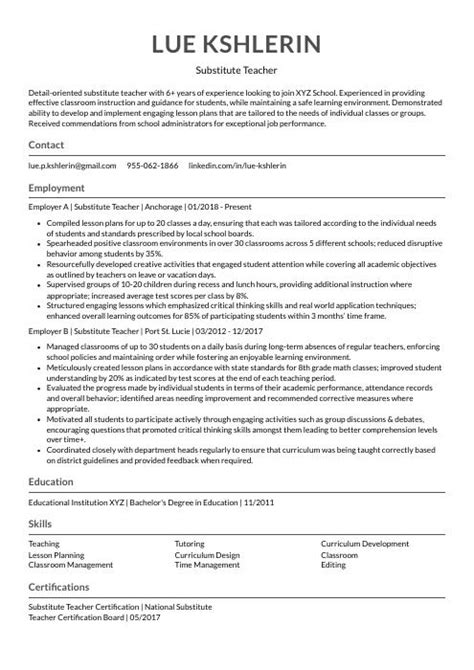 Substitute Teacher Resume Cv Example And Writing Guide