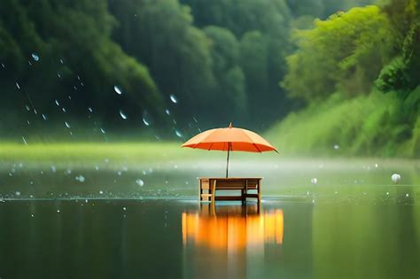 Premium Photo | A small table with an umbrella on it in the water