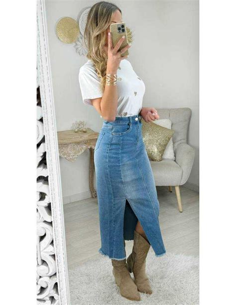 Jupe Mi Longue En Jeans Fendue Mode Femme En Ligne