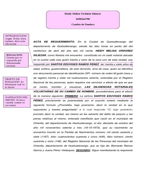 Acta De Requerimiento De Cambio De Nombre Pdf Información Del Gobierno Justicia