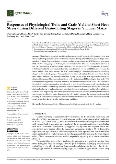 PDF Responses Of Physiological Traits And Grain Yield To Short Heat