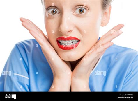 Woman With Tooth Braces Stock Photo Alamy