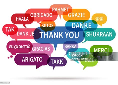 Speech Bubbles With Text Thanks In Different Languages Stock