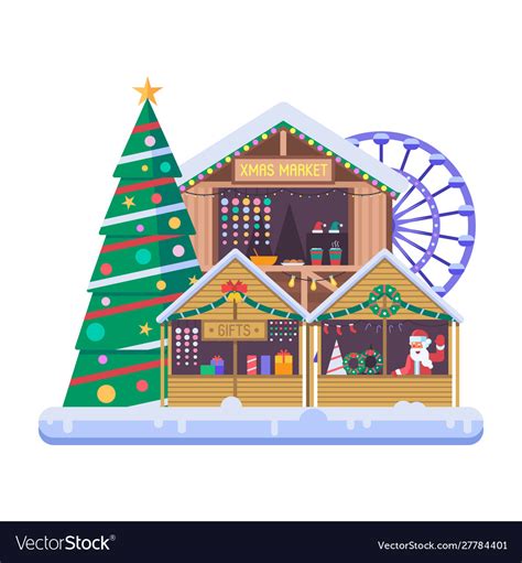 Christmas Market Wooden Stalls On Xmas Fair Vector Image