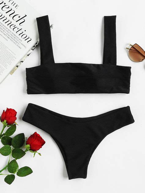 Black Thick Strap Rectangular Push Up Bikini Set Bikinis Strap