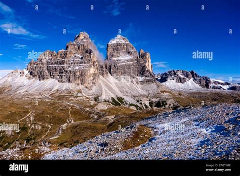 The Rocky Summits Of The Rock Formation Tre Cime Di Lavaredo And The