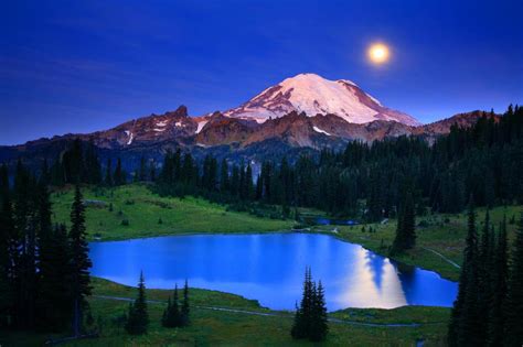 Washington Lake Mountains Landscape Moon Moonlight Night Reflection wide HD desktop wallpaper ...