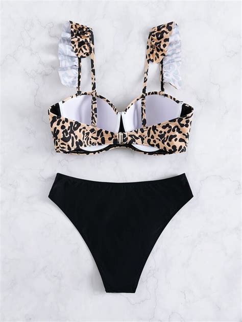 Shein Swim Vcay Ba Ador Bikini Push Up De Leopardo Ribete Fruncido