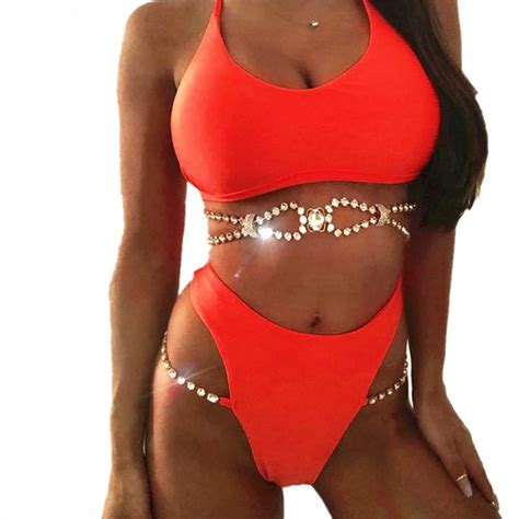 Swimming Bikini Crystal Rhinestones Glitter Diamond Gems Swimwear Women