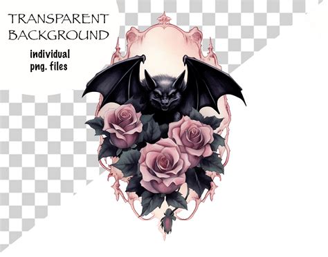 Watercolor Gothic Bat Halloween Clipart Dark Fantasy Watercolor Bat Flower PNG Goth Roses Bats ...