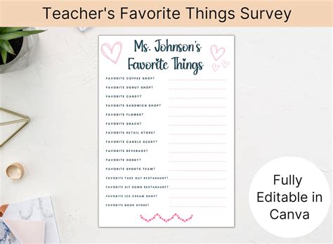 Favorites Survey Printable Editable Questionnaire Favorite Etsy