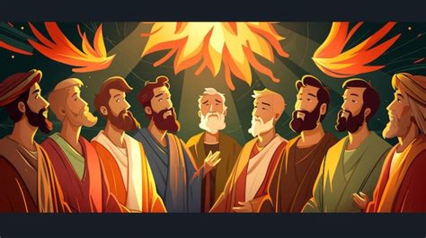 Cartoon vector illustration of the Pentecost with the Holy Spirit descending as tongues of fire ...