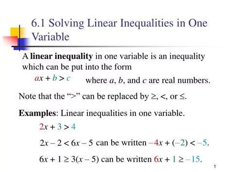 Ppt 61 Solving Linear Inequalities In One Variable Powerpoint