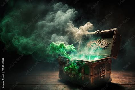 Open Pandora S Box With Green Smoke On A Wooden Background Digital