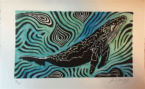 Humpack Whale Linocut Relief Print Ocean Sea Nature Animal Etsy