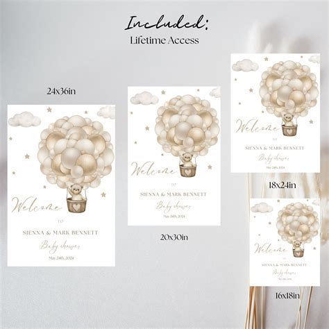 Editable Teddy Bear Hot Air Balloon Baby Shower Welcome Sign Gender Neutral Welcome Sign