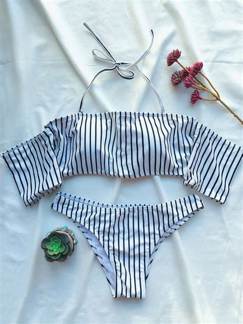 Off Striped Off The Shoulder Bikini Set Rosegal