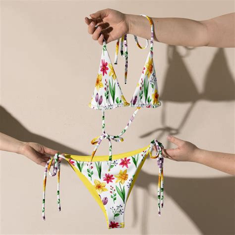 Vintage Daffodils Floral Bikini Set Minimalist Recycled Flower Swimsuit Eco Friendly Retro Surf