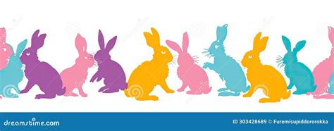 Happy Easter Seamless Background With Colorful Easter Bunny Silhouette