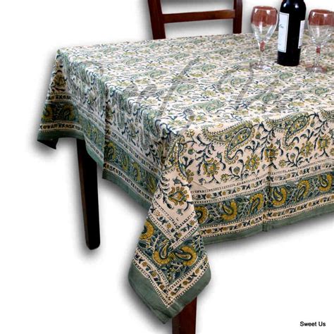 Cotton Paisley Floral Block Print Tablecloth Rectangle Green Kitchen Dining Linen