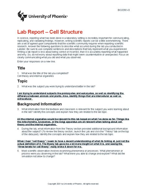 Bio V Wk The Cell Structure Lab Report Bio V Lab Report