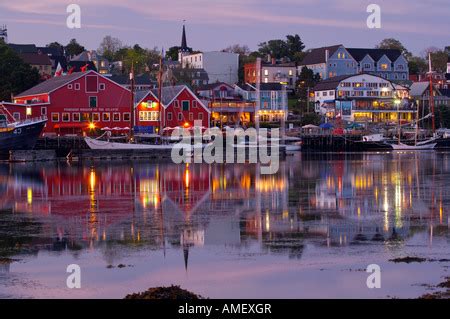 Waterfront and town of Lunenburg at sunset, Lunenburg Harbour ...